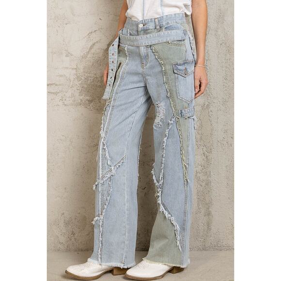 POL Striped Belted Frayed Seam Distressed Straight Denim High Waisted Jeans - Picture 4 of 5